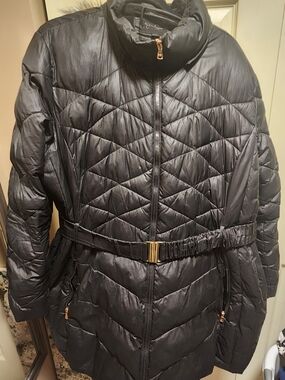 Jessica Simpson Black Quilted Belted Puffer Coat - Women 3X